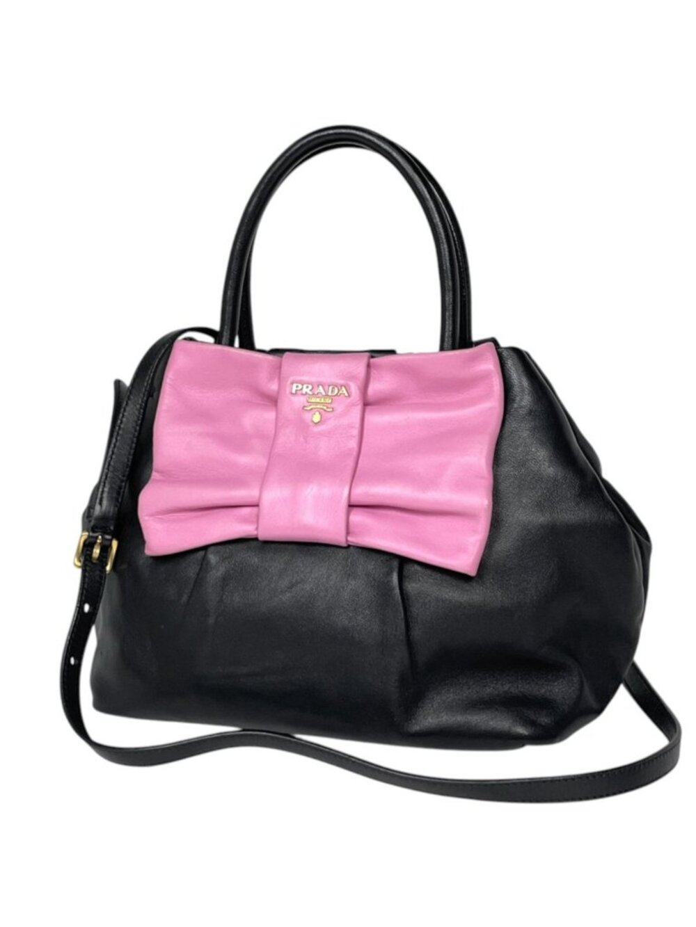 Prada Handbag Ribbon 2-Way Leather Nero Pink
